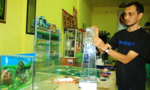 Zaini sedang membuat aqurium 3D di tempat usahanya di Lambuk, Banda Aceh|Saniah LS